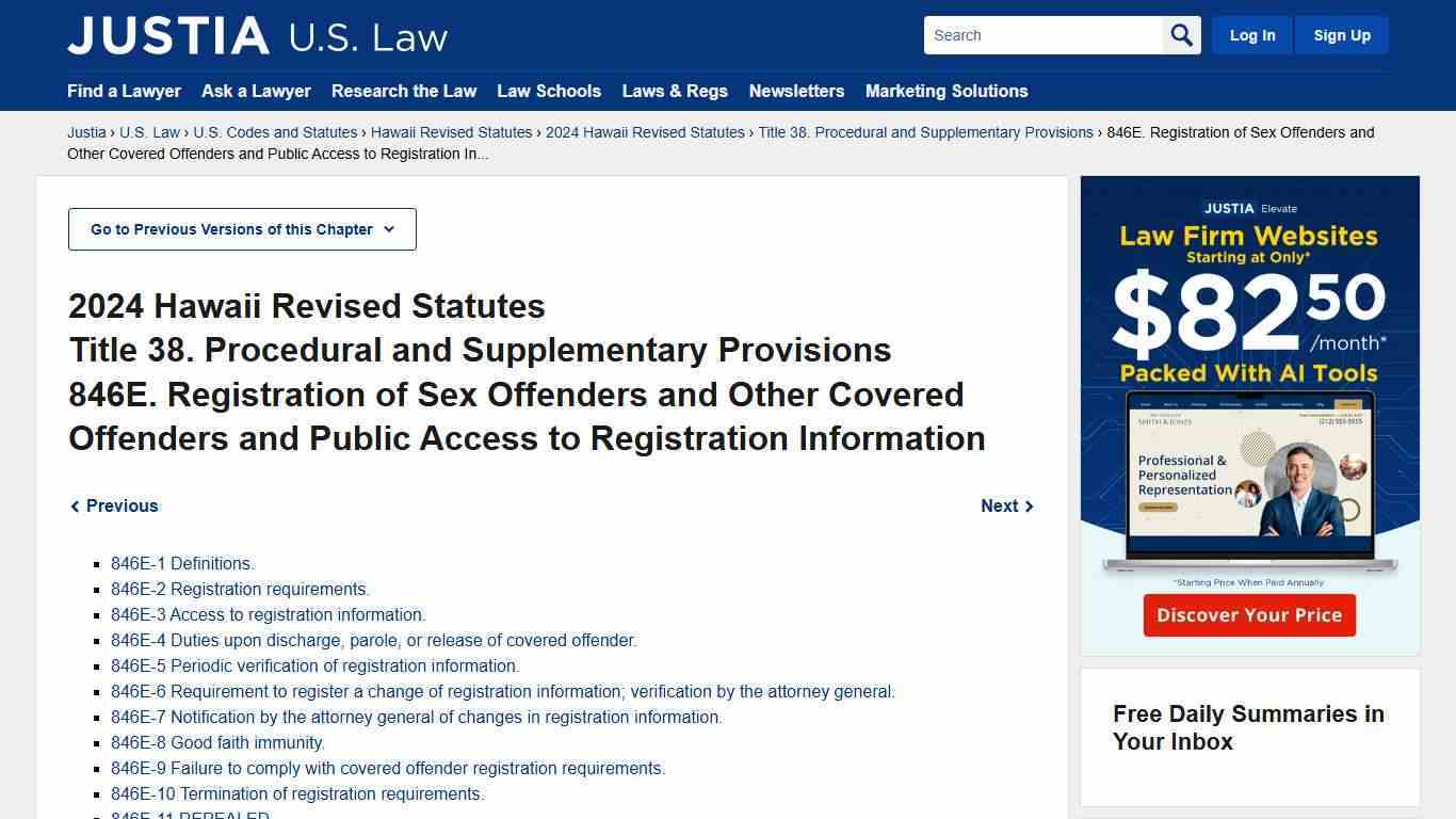 Hawaii Revised Statutes Title 38, Chapter 846E (2024) - Registration of Sex Offenders and Other Covered Offenders and Public Access to Registration Information :: 2024 Hawaii Revised Statutes :: U.S. Codes and Statutes :: U.S. Law :: Justia