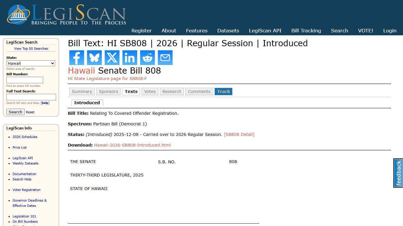 Bill Text: HI SB808 | 2026 | Regular Session | Introduced | LegiScan