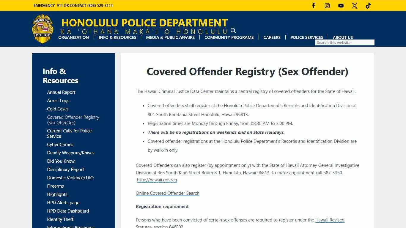 Covered Offender Registry (Sex Offender) - Honolulu Police Department
